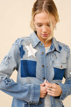 Load image into Gallery viewer, Blue B Distressed Denim Shirt with Star Print and Studded Details in Medium Wash