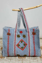 Load image into Gallery viewer, POL Floral Embroidered Quilted Tote Bag in Denim Blue