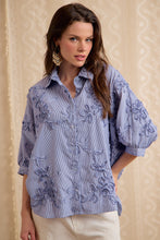 Load image into Gallery viewer, BiBi Stripe Embroidered Short Sleeves Button Blouse in Chambray