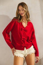 Load image into Gallery viewer, LovLov Solid Color Knit Cardigan with Bow Front Details in Red