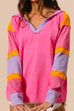 Load image into Gallery viewer, BiBi Color Block Jersey Knit and Ribbed Knit Hooded Top in Pink/Lavender/Orange