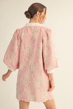 Load image into Gallery viewer, Jodifl Embroidered Pinstripe Ruffle Neck Dress with Lace Detail in Pink