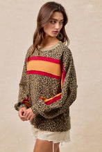 Load image into Gallery viewer, BiBi French Terry Leopard Print Top with Contrasting Color Block Stripes in Red/Pumpkin