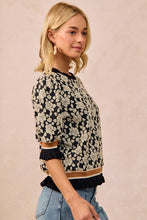 Load image into Gallery viewer, BiBi Textured Rose Knit Top With Contrasting Banded Puff Sleeves in Black/Light Grey