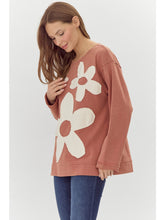 Load image into Gallery viewer, Jodifl Solid Color Top with Contrasting Color Flower Patches in Brick