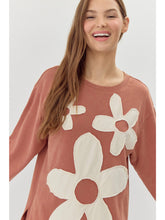 Load image into Gallery viewer, Jodifl Solid Color Top with Contrasting Color Flower Patches in Brick