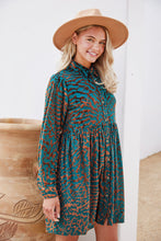 Load image into Gallery viewer, Jodifl Velvet Leopard Button-up Baby Doll Dress in Teal Dress Jodifl