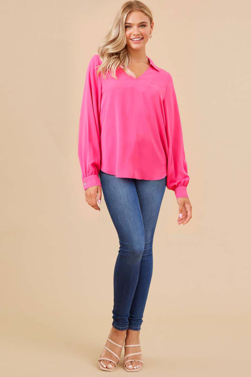 Jodifl Solid Color Open Collared Top in Hot Pink S Jodifl Solid Color Open Collared Top in Hot Pink S