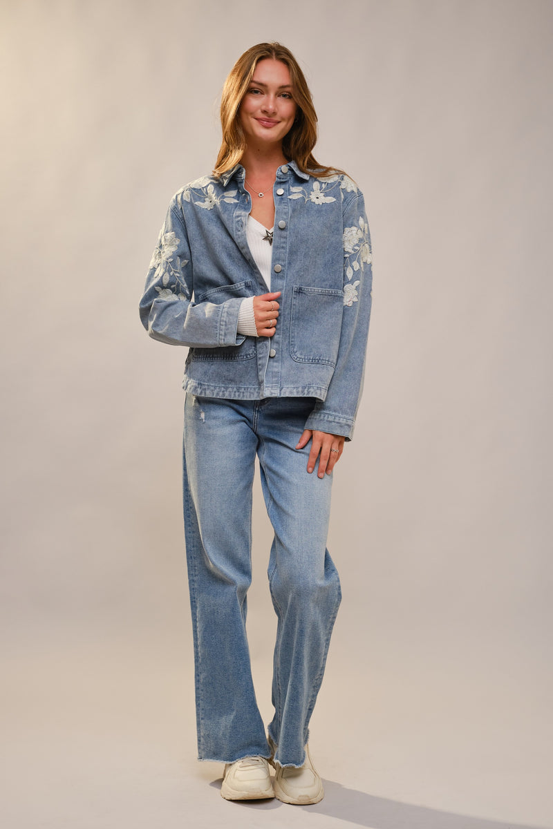 Blue B Denim Jacket with Floral Embroidery in Light Denim – June Adel