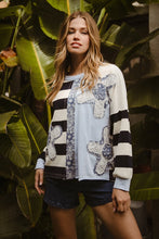 Load image into Gallery viewer, BiBi Terry Knit Solid n Striped Top with Flower Patches in Blue Mix ON ORDER