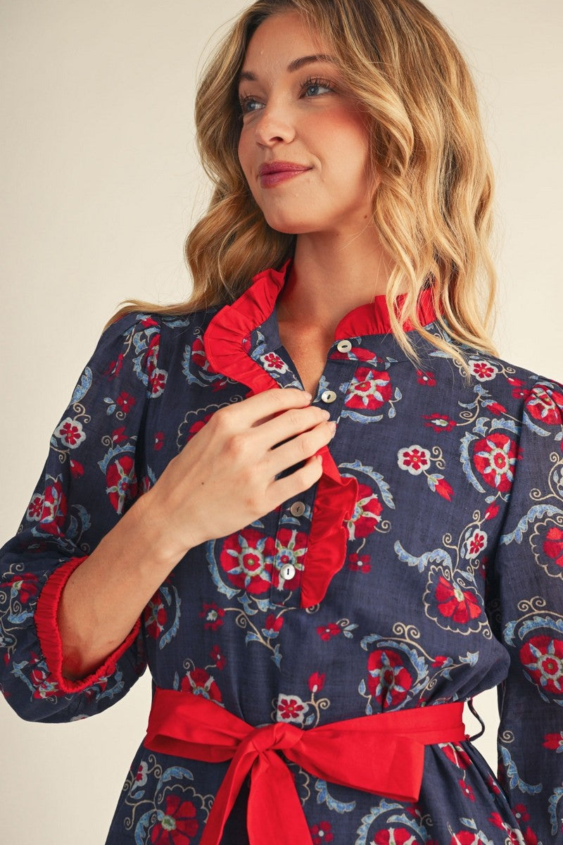 Jodifl Ruffle Detail Boho Floral Dress in Navy/Red L