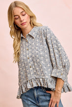 Load image into Gallery viewer, BiBi Floral Embroidery Grid Checked Ruffled Hem Button-Up Top in Navy