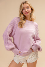 Load image into Gallery viewer, BiBi Solid Color Raglan Sweater with Cable Knit Sleeves in Lilac