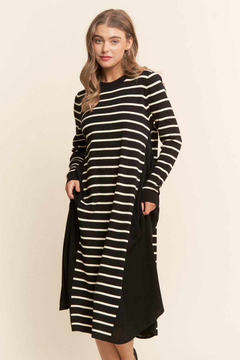 long sleeve dress striped J.nna Color Block Striped and Solid Maxi Dress in Black White S