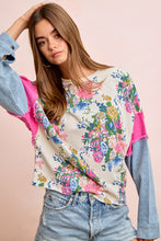 Load image into Gallery viewer, BiBi Floral Terry Knit Top with Denim Sleeves in Ivory