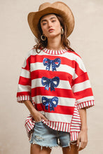 Load image into Gallery viewer, BiBi OVERSIZED Mix n Match Stripe Top with Sequin Bows in Red