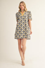 Load image into Gallery viewer, Jodifl Scallop Trim Detail Baroque Floral Shift Dress in Honey Mustard