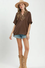 Load image into Gallery viewer, Umgee Leopard Trim Dolman Sleeve Blouse in Brown