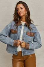 Load image into Gallery viewer, So Me Denim Jacket with Contrasting Faux Leather Details in Denim/Brown