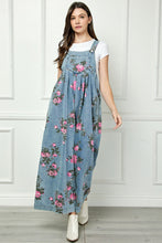 Load image into Gallery viewer, Veveret Painted Floral Print Denim Jumpsuit in Medium Wash