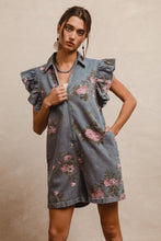Load image into Gallery viewer, BiBi Washed Floral Print Zip Up Front Romper in Denim