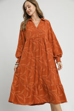 Load image into Gallery viewer, Umgee Solid Color Textured Leaf Pattern Midi Dress in Rust