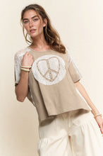 Load image into Gallery viewer, Davi & Dani Knit Top with Lace Details and Heart Peace Sign Patch Front in Taupe