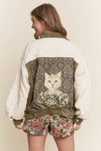 Load image into Gallery viewer, J.nna "Queen Kitty" Print Vintage Style Aviator Jacket in Olive Cream