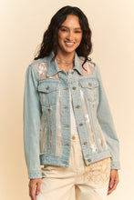 Load image into Gallery viewer, Davi & Dani Denim and Floral Panel Jacket in Light Denim