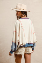 Load image into Gallery viewer, BiBi OVERSIZED Color Block Top with USA Denim Patches in Oatmeal/Denim