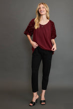 Load image into Gallery viewer, Umgee Sparkly Knit Top with Velvet Sequin Sleeves in Wine