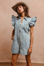 Load image into Gallery viewer, BiBi Washed Leopard Print Zip Up Front Romper in Leopard Denim
