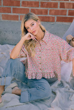 Load image into Gallery viewer, BiBi Pink Floral Ruffle Hem Button Down Blouse in Dusty Rose