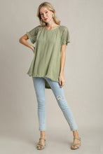 Load image into Gallery viewer, Umgee Solid Color Top with Crochet Sleeves in Sage