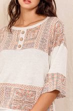 Load image into Gallery viewer, Oddi Color Block Top with Solid and Mixed Paisley Prints in Taupe