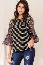 Load image into Gallery viewer, Oddi Striped Top with Sheer Floral Print Sleeves in Black-Taupe