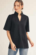 Load image into Gallery viewer, Jodifl Standing Neckline Notched V Neck Solid Color Top in Black