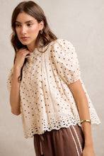 Load image into Gallery viewer, So Me Polka Dot Cotton Lace Trim Blouse in Beige/Brown