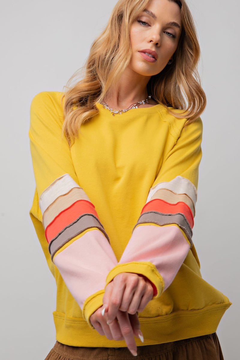 Easel Loose Fit Terry Knit Top with Colorblock Sleeves in Sunflower
