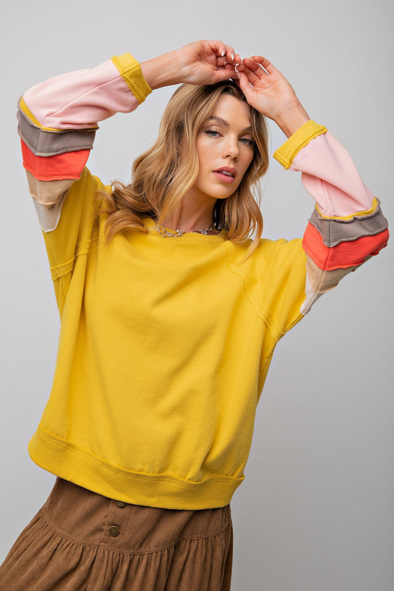 Easel Loose Fit Terry Knit Top with Colorblock Sleeves in Sunflower