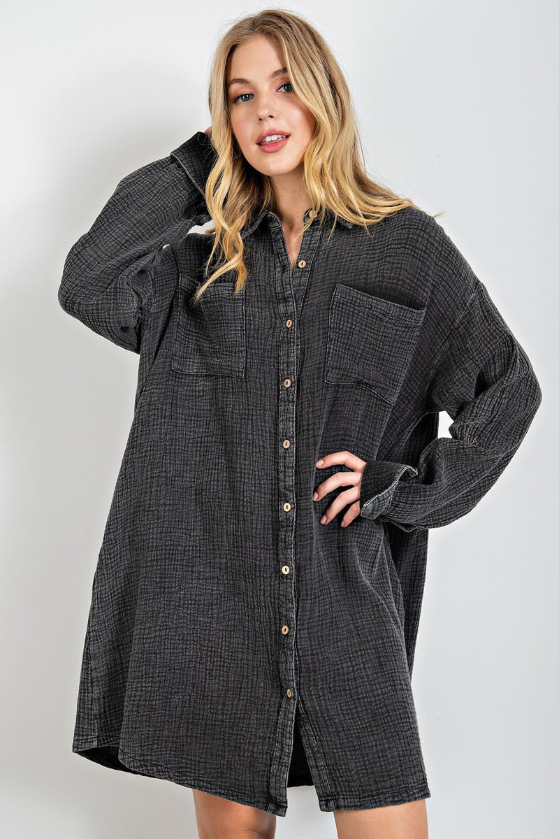 Easel Cotton Gauze Mineral Washed Shirt Dress in Smoke June Adel