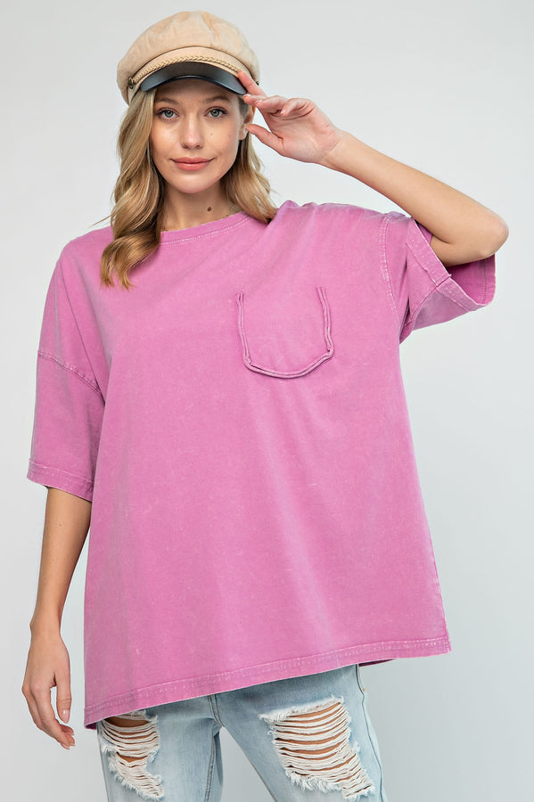 Easel Short Sleeve Mineral Wash Tunic Top in Barbie Pink ON ORDER Shirts & Tops Easel   