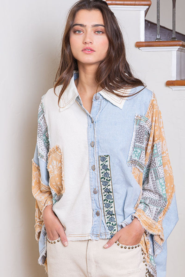POL Oversized Contrasting Fabric Panel High Low Shirt in Light Denim Multi ON ORDER Top POL   