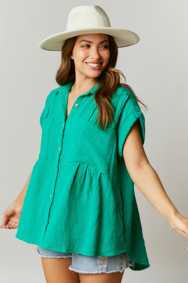 Fantastic Fawn Washed Loose Fit Pleated Gauze Shirt in Kelly Green Top Fantastic Fawn   