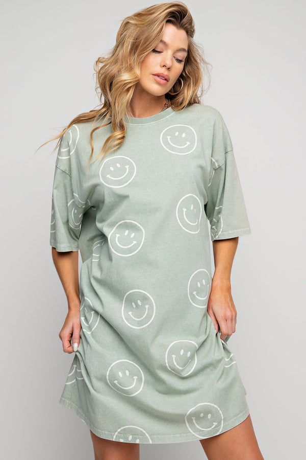 Easel Smiley Face Print T Shirt Dress in Sage Dress Easel   