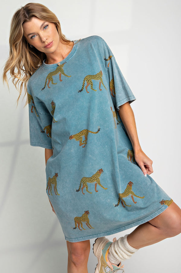 Easel Cheetah Print T Shirt Dress in Washed Denim Dress Easel   