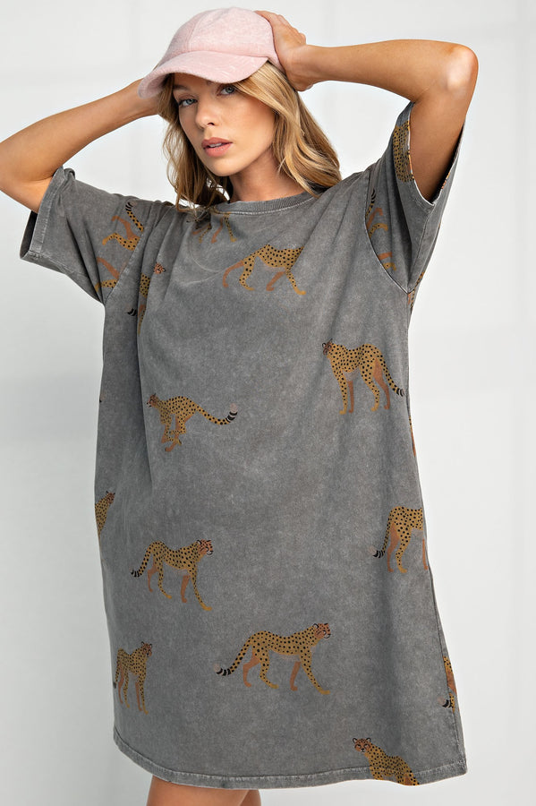 Easel Cheetah Print T Shirt Dress in Ash Dress Easel   