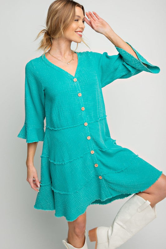 Easel Mineral Washed Cotton Gauze Tiered Dress in Seafoam