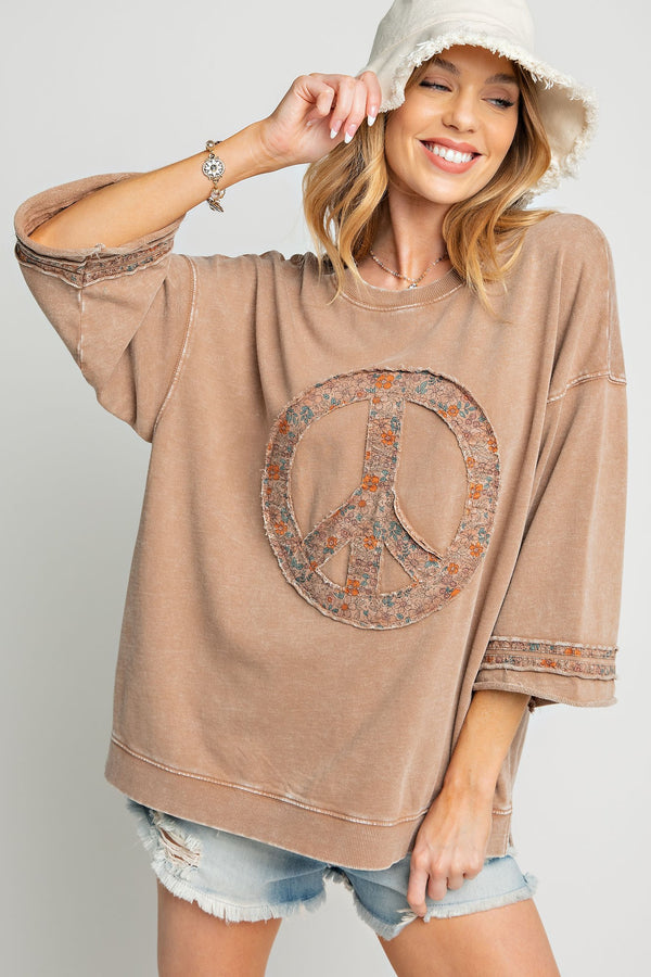 Easel Floral Peace Sign Pullover in Mocha ON ORDER Shirts & Tops Easel   
