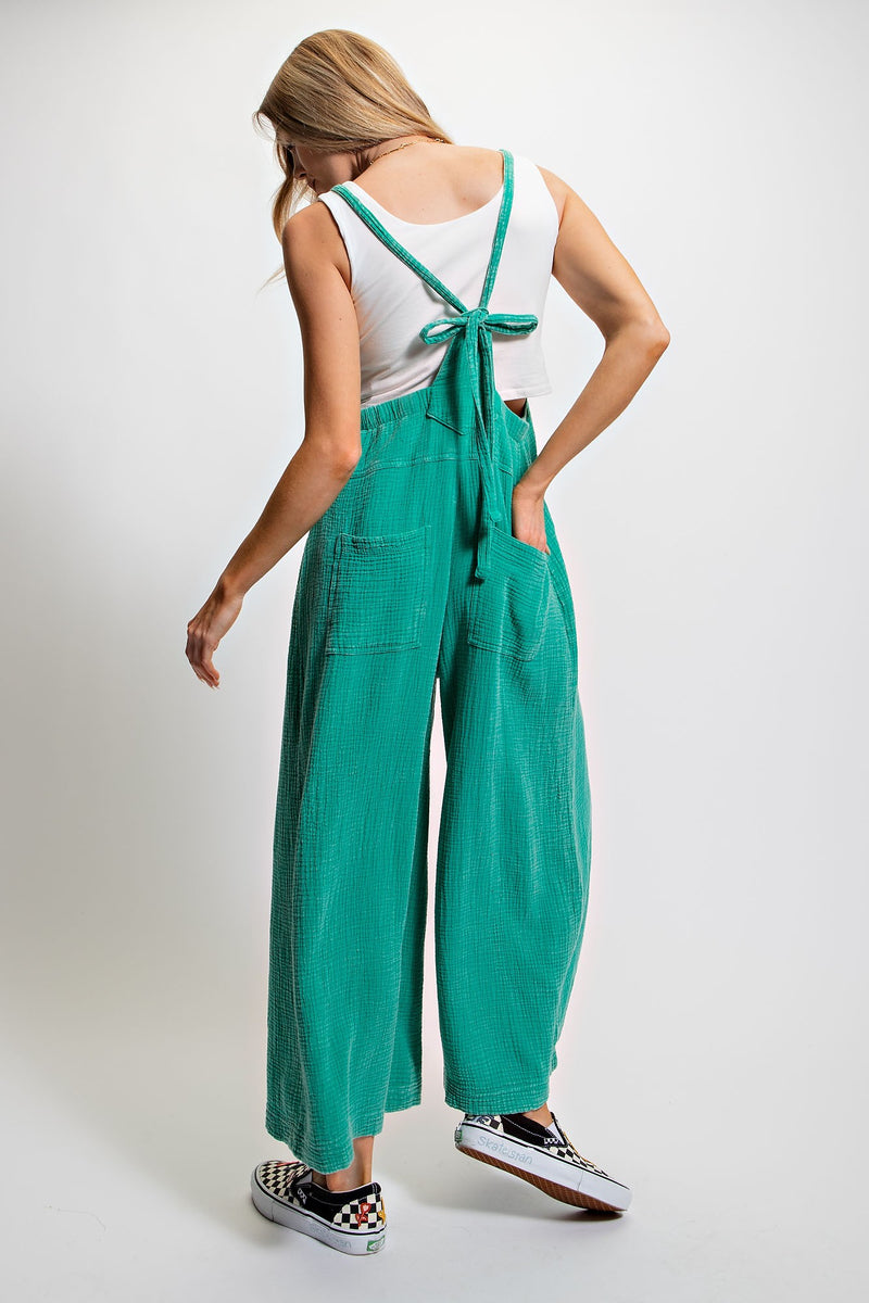 Easel Washed Cotton Jumpsuit/Overalls in Atlantis Green June Adel